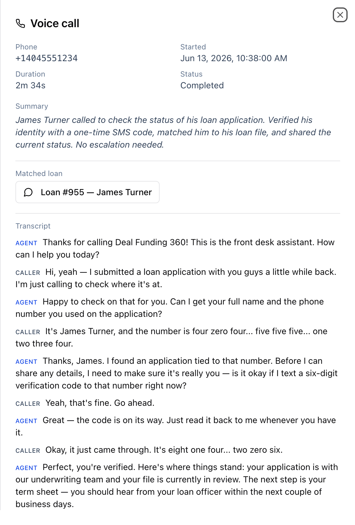 Voice call detail in the Deal Funding 360 admin panel: call summary, matched loan file, and a transcript showing SMS identity verification before the loan status is shared
